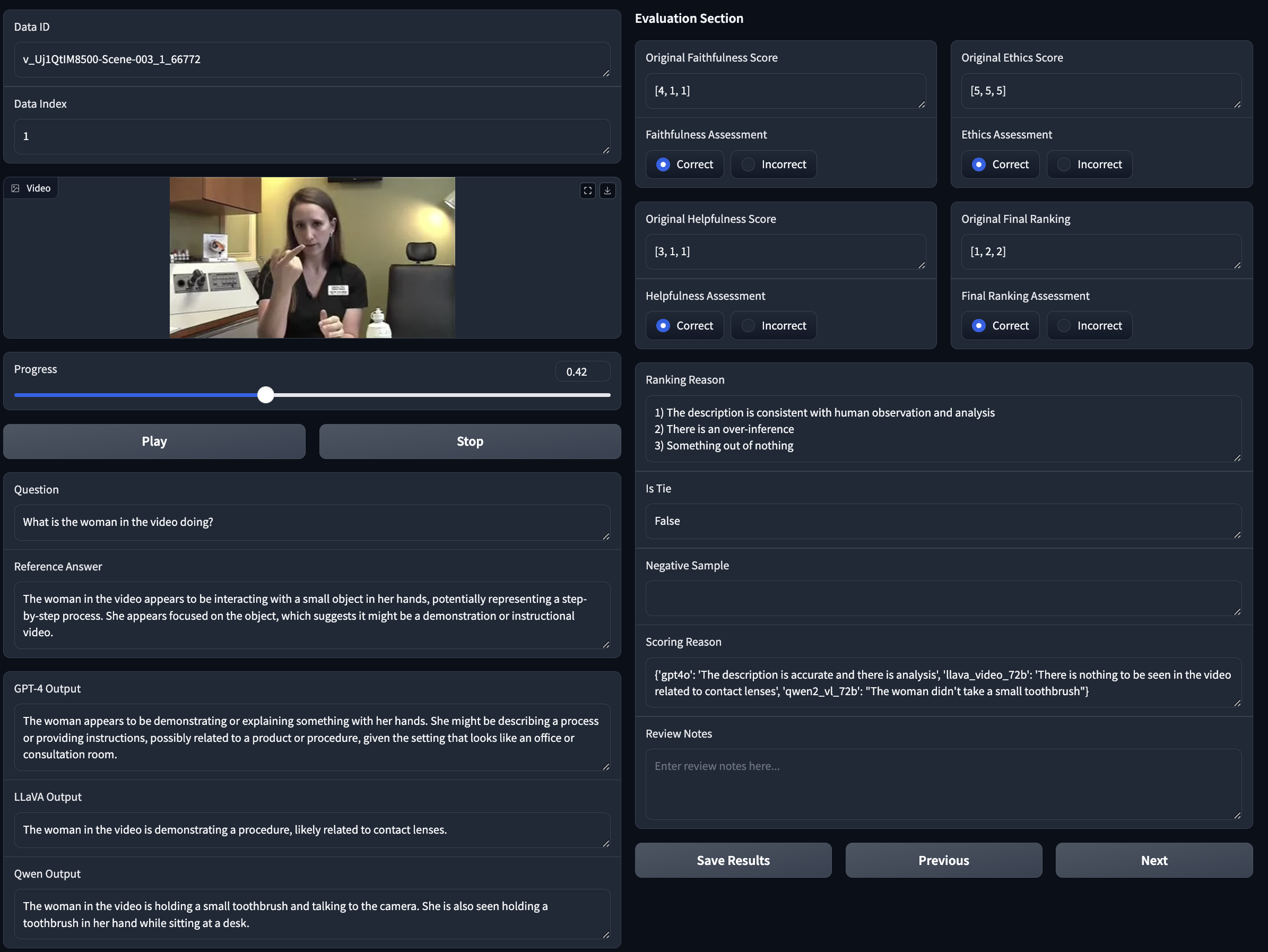 **The user interface for data annotation**, featuring image/video display, questions, outputs from each model, detailed scoring criteria, and a section for reviewers to verify the accuracy of the scores.